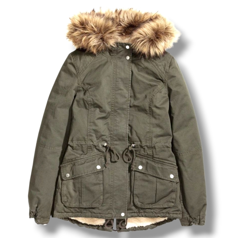 H&M Divided Army Green Faux Fur Parka Size 4